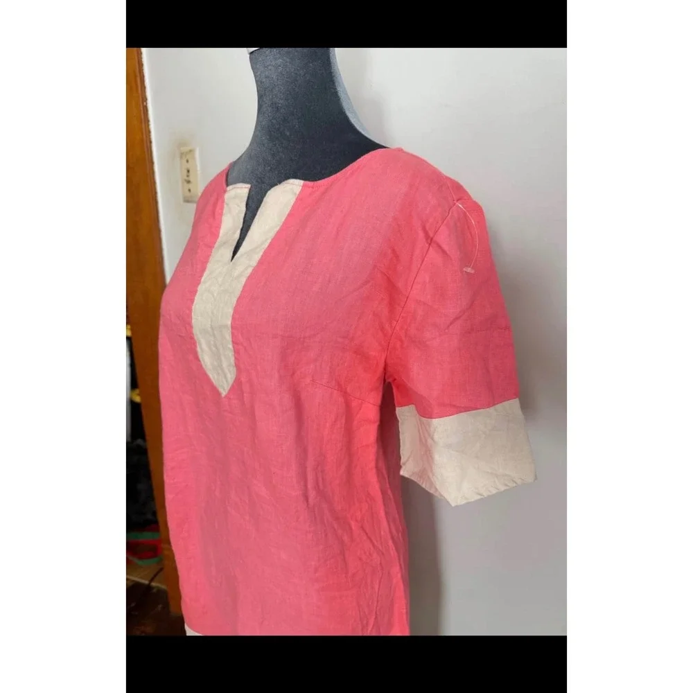 Pink Beige 100% Linen Colorblock Shift Dress‎ XS Lagenlook Beachy coastal